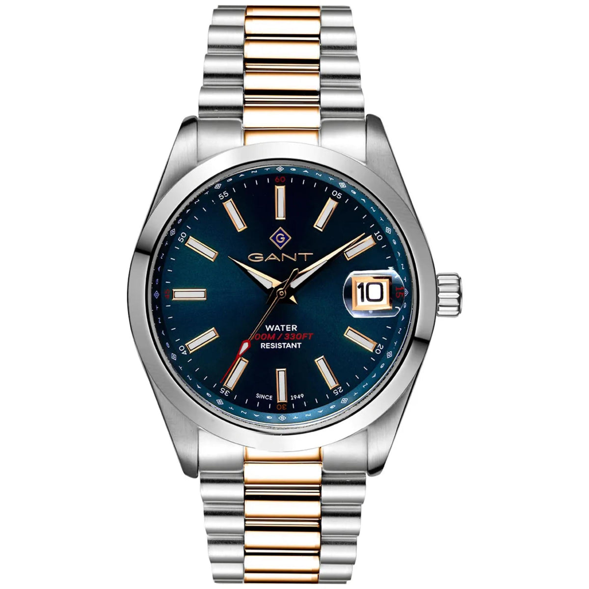 Men's two-tone steel wrist watch with blue dial, gold accents, and date window