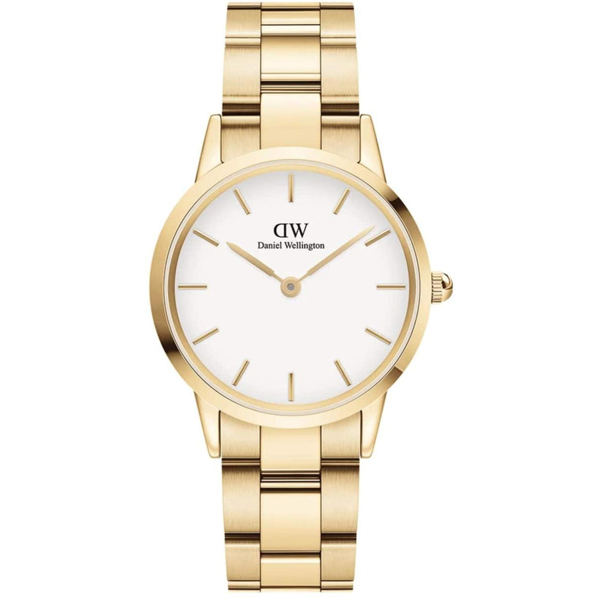 Gold-tone steel ladies quartz wrist watch with white dial and stick markers