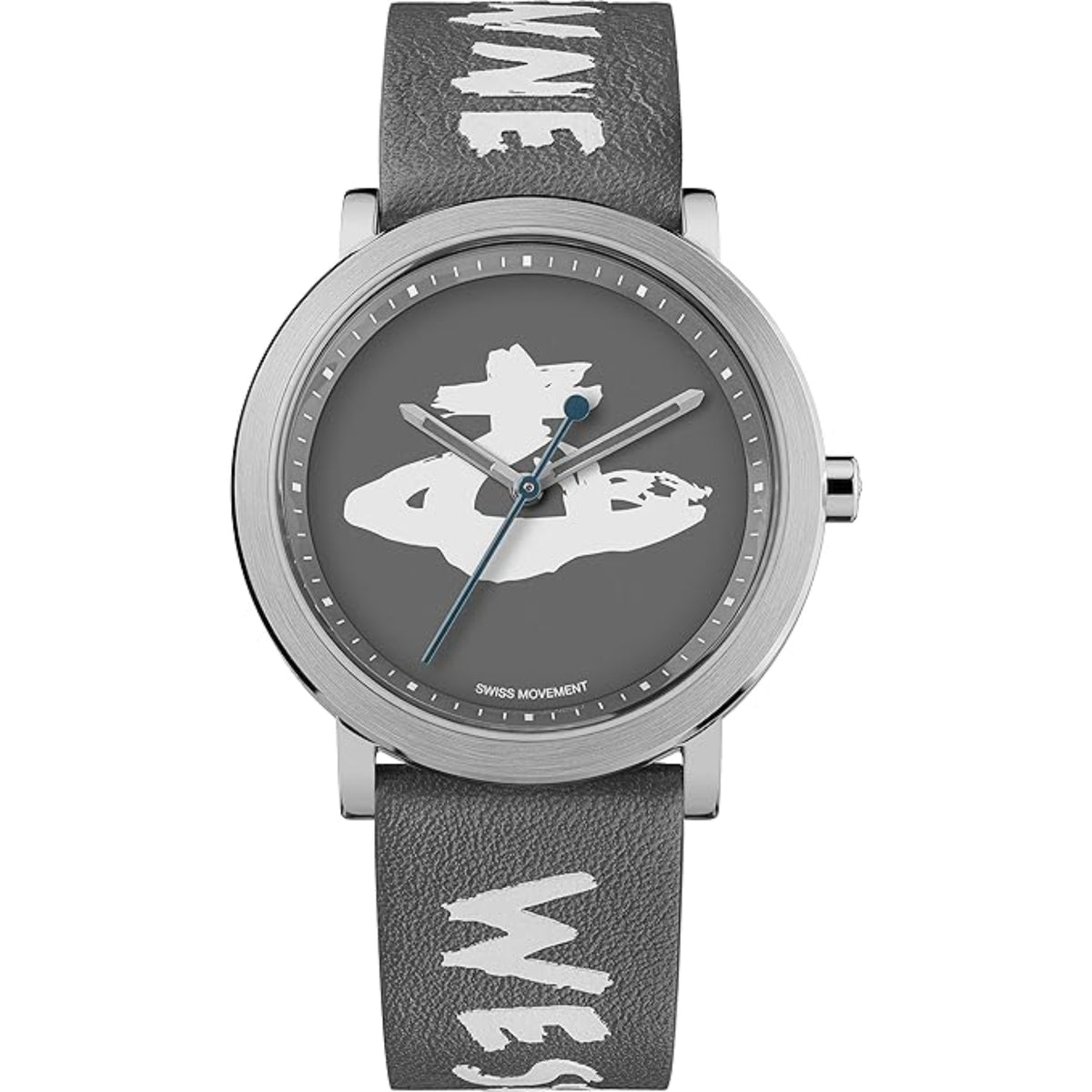 Grey dial ladies watch with silver case, blue hands, and leather-look grey strap.