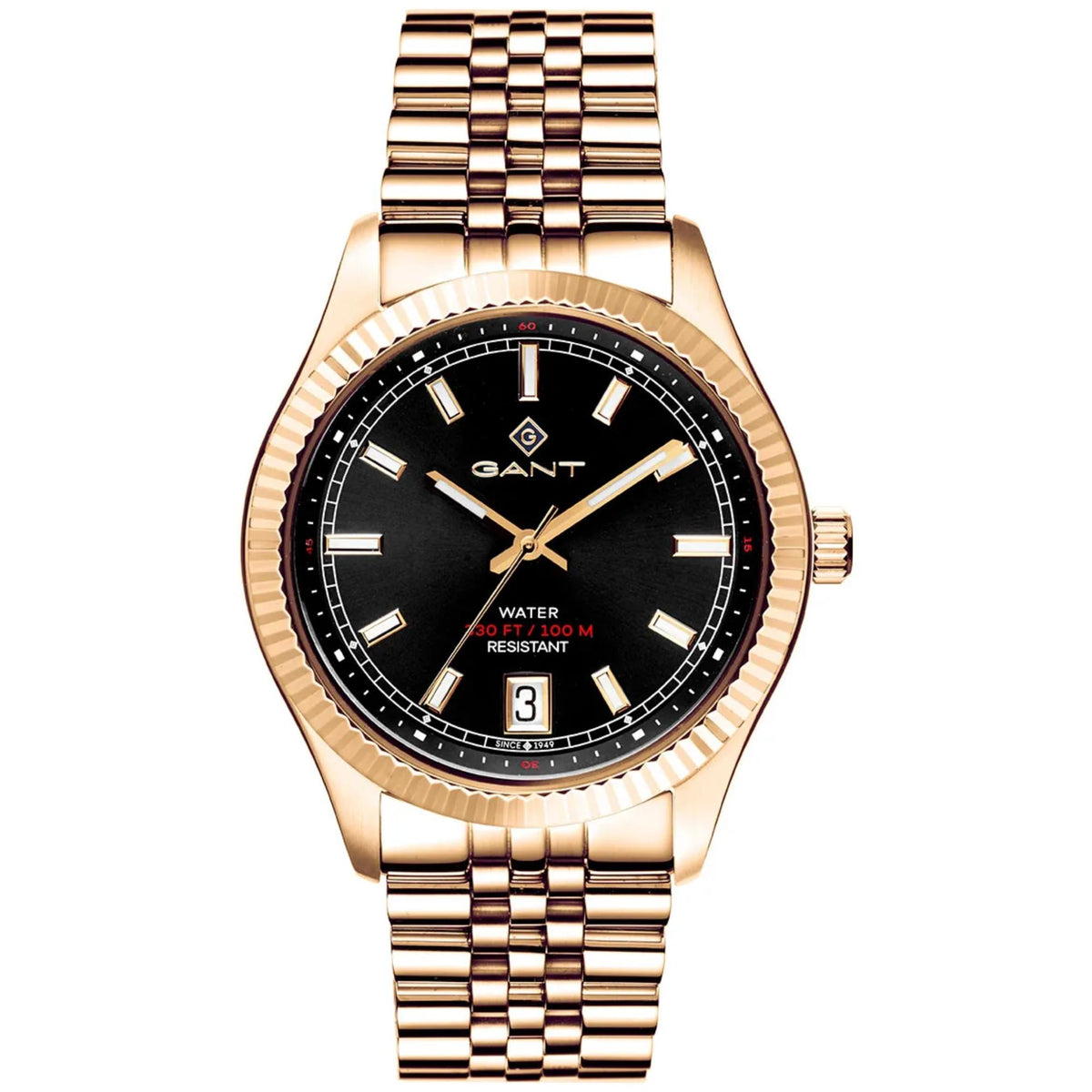 Men's gold-tone PVD steel quartz watch with black dial, gold bezel, and date window
