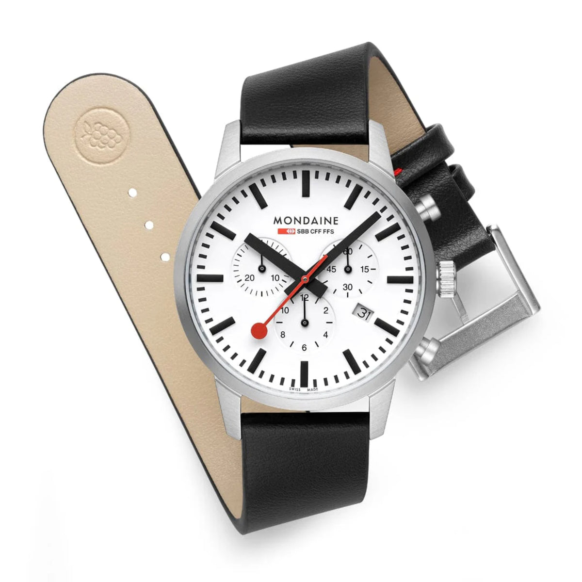 Men's chronograph watch with white dial, black leather strap; view with tan inside strap