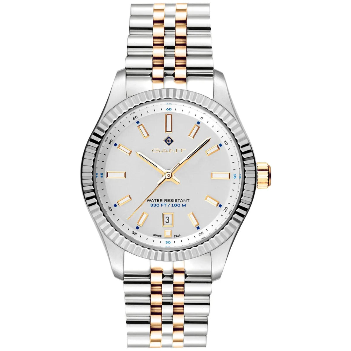 Two-tone steel ladies watch with silver case, white dial, gold markers, link bracelet
