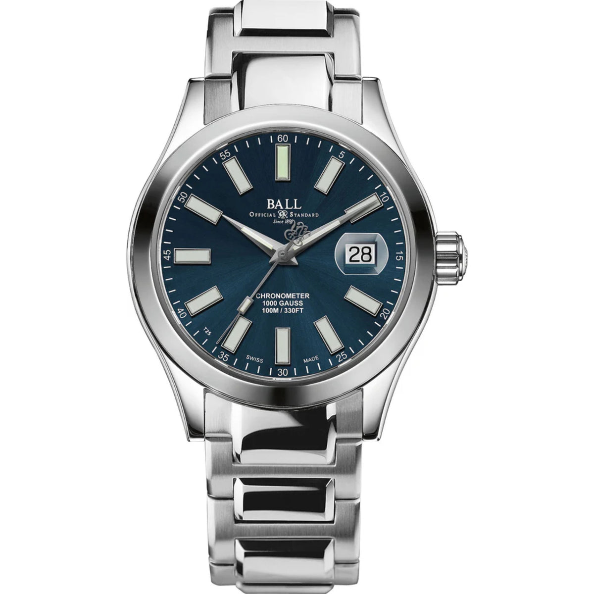 Blue-dial men’s chronometer watch with silver metal bracelet and date window at 28