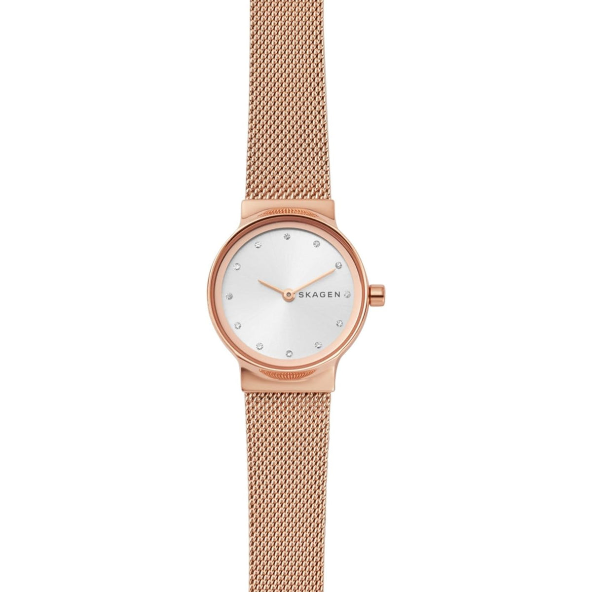Rose gold Skagen Freja wristwatch with white dial and mesh bracelet, round 26mm case