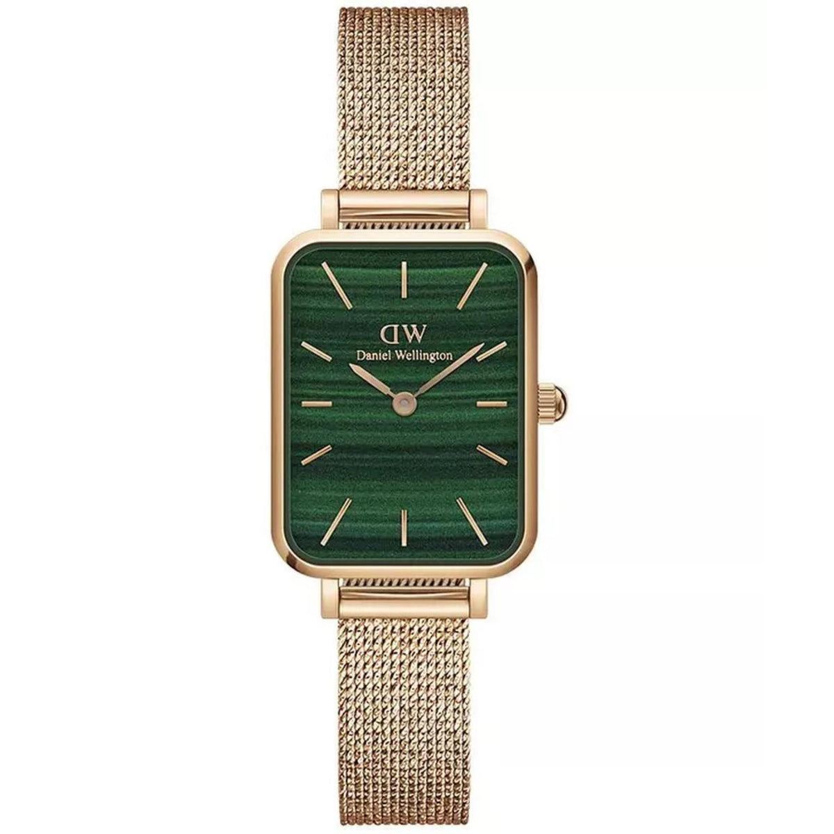 Ladies steel wristwatch with green dial, rose-gold case, mesh bracelet