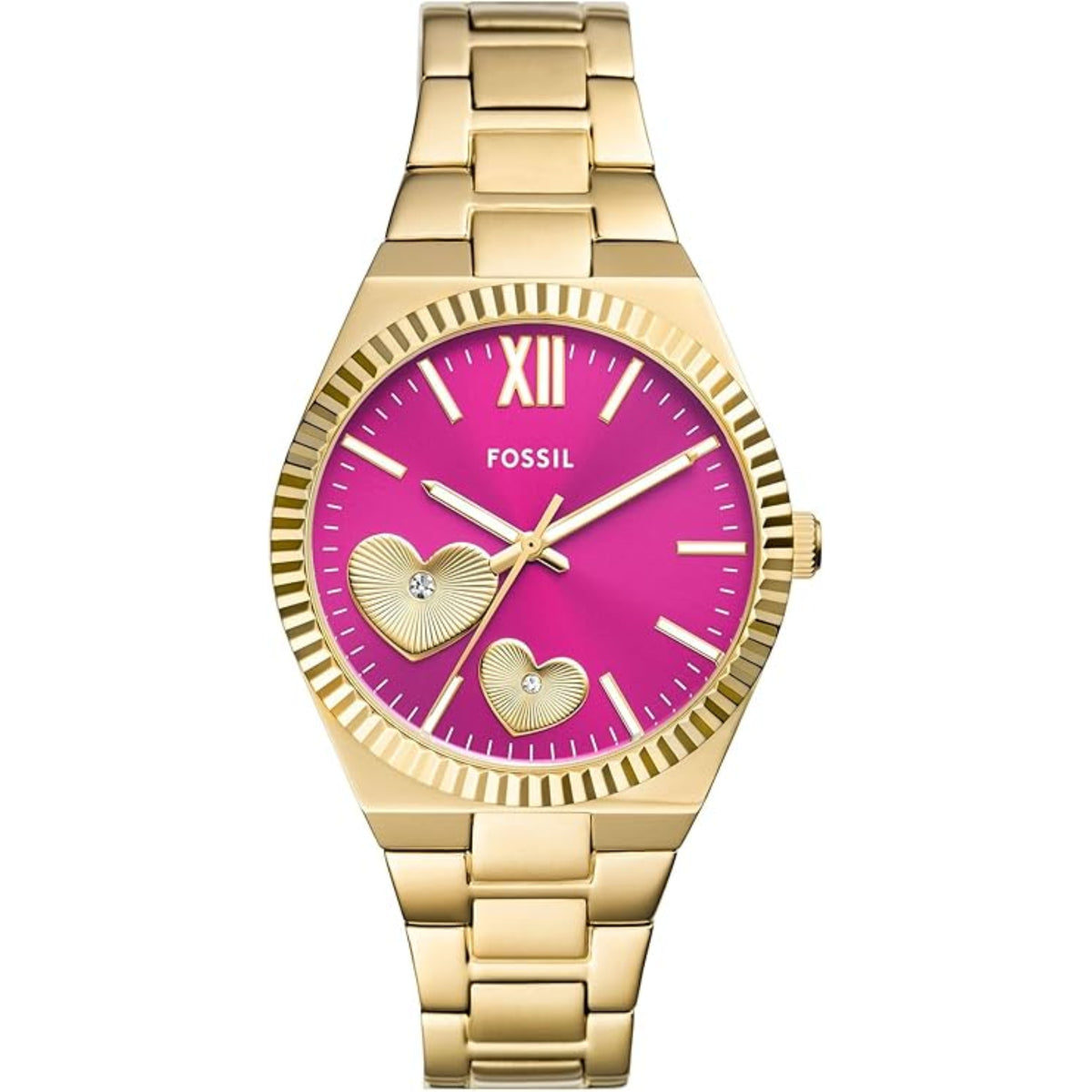 Fossil ladies quartz watch with gold-tone steel bracelet and pink dial, heart markers