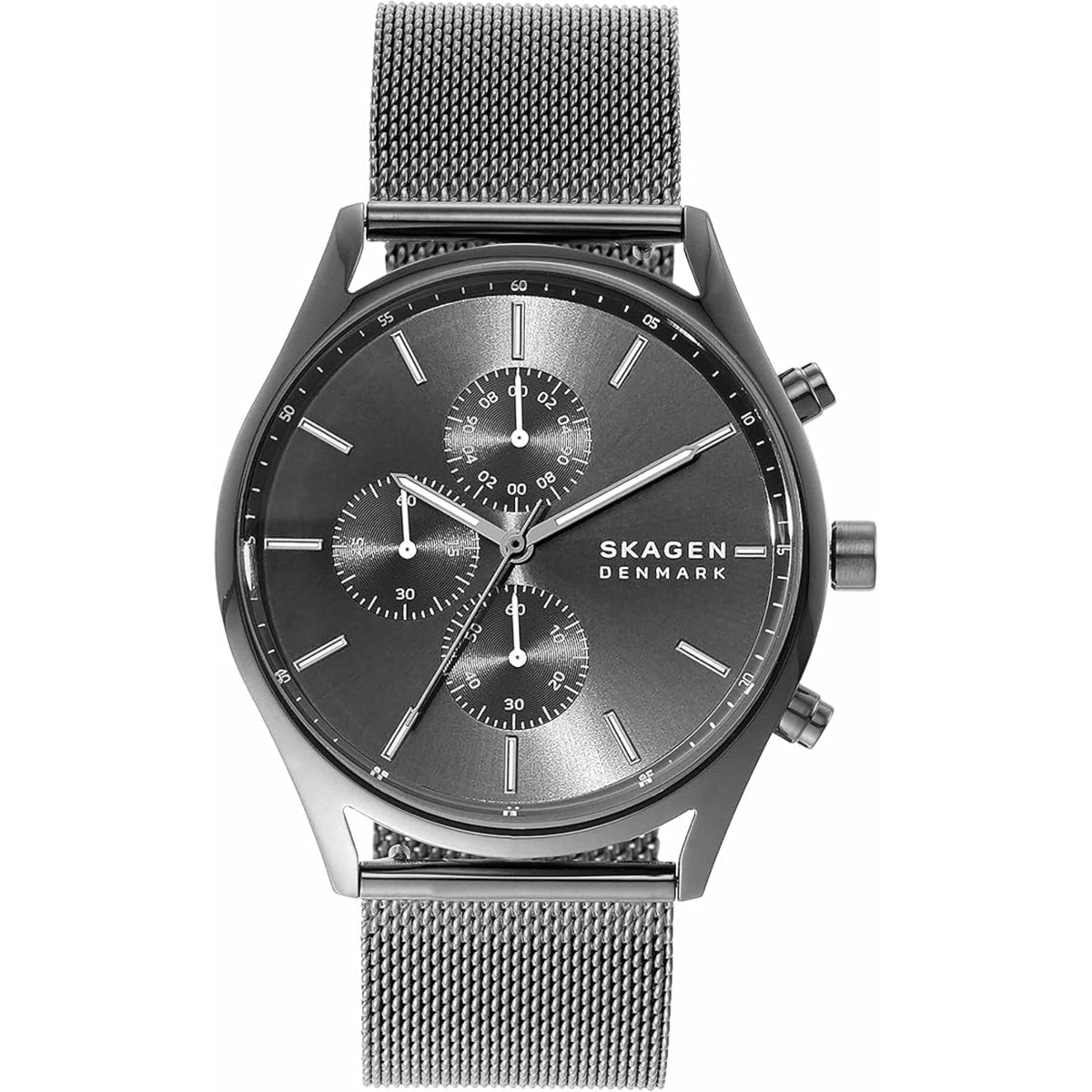 Front view of the Skagen Holst Chronograph SKW6608 mens watch showing its round charcoal dial, sub-dials, and matching steel mesh bracelet