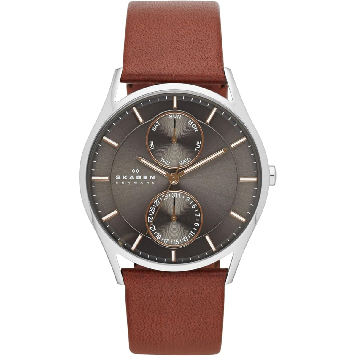 Men’s watch with brown leather strap and dark grey multifunction dial, silver case