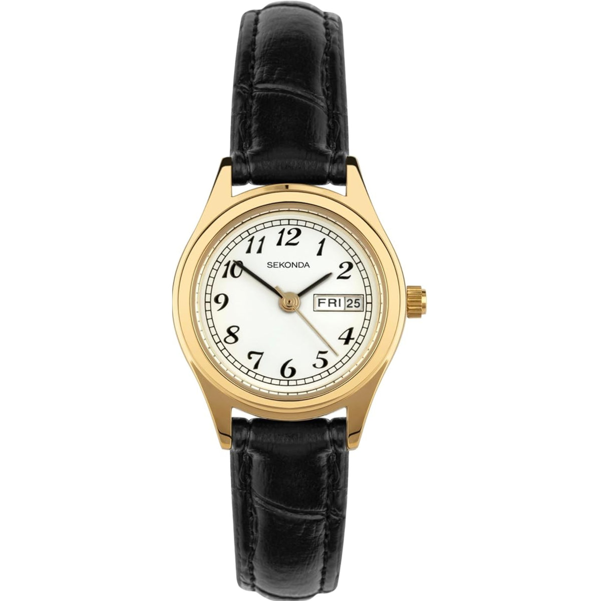 Ladies quartz watch with white dial, black leather strap, gold-tone case, date window