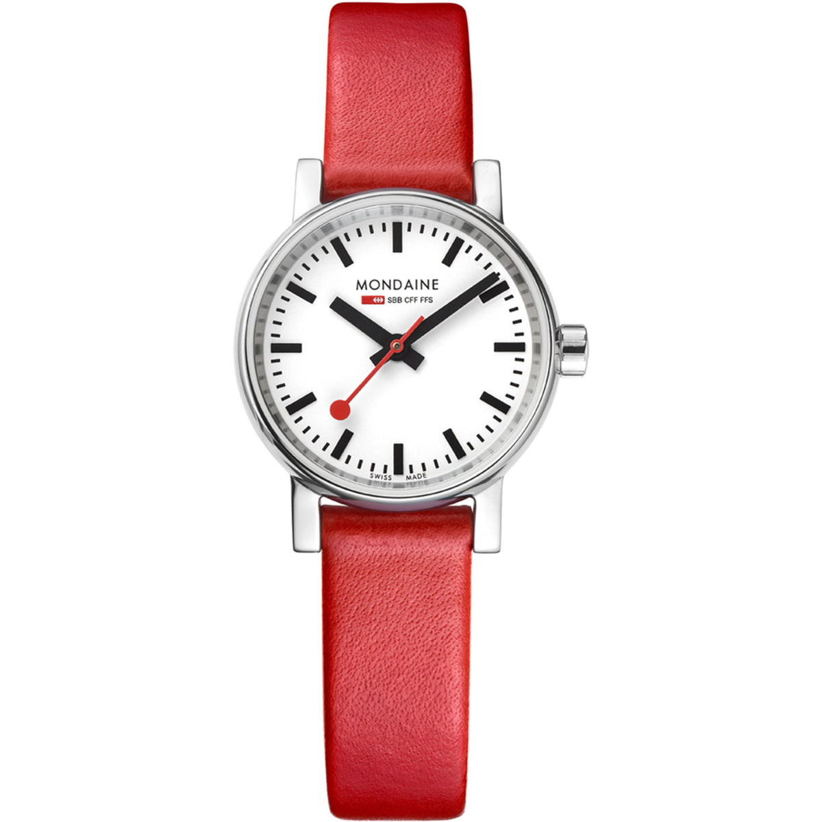Direct studio view of Mondaine Evo2 MSE.26110.LCV 26mm ladies quartz watch with white dial and red leather strap