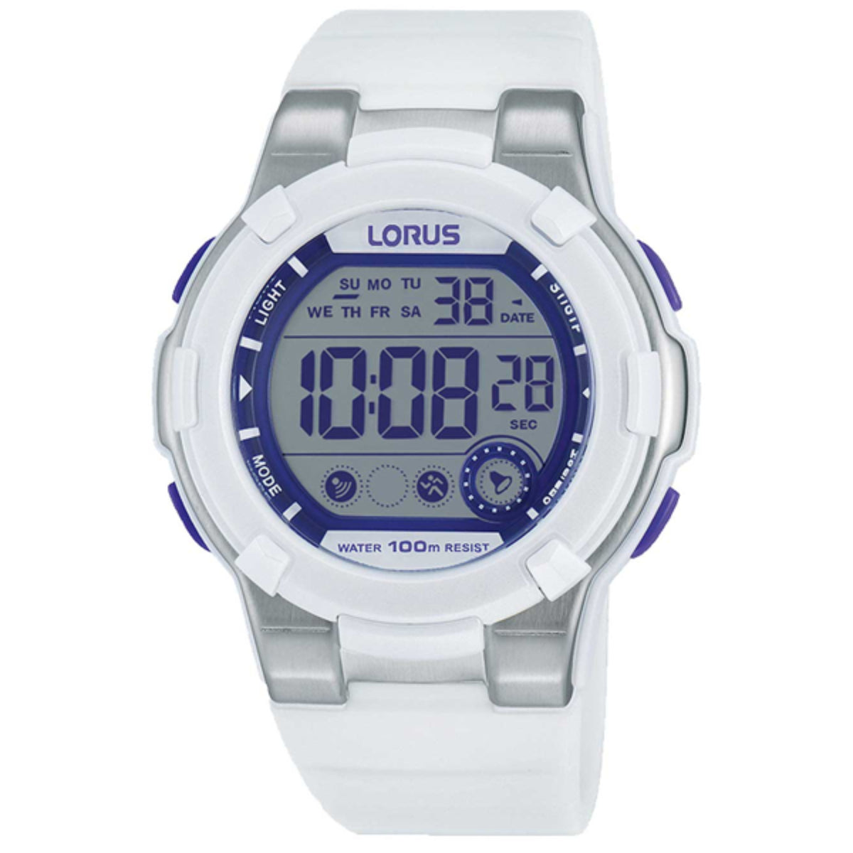 White rubber-strap digital sport watch with blue LCD screen and silver bezel