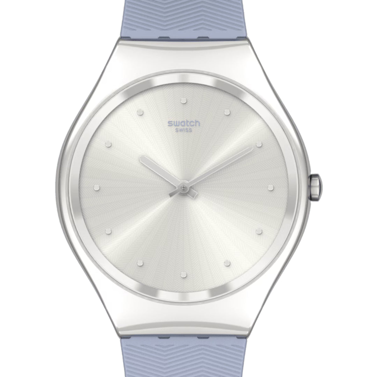 Ladies quartz watch with silver case, blue silicone strap, and white dial with stick markers