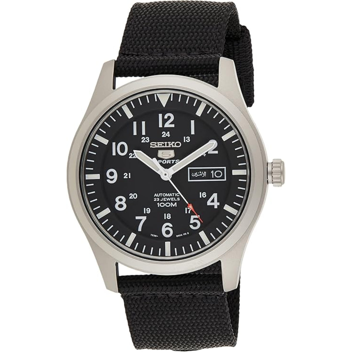 Seiko 5 Sports Military SNZG15K1 black dial front view