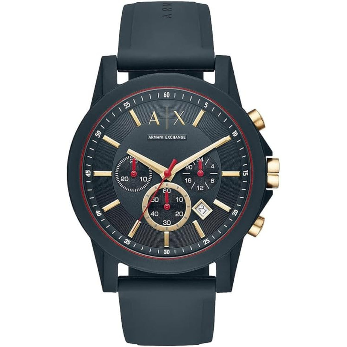 Men's chronograph quartz watch with dark dial, gold-tone markers, and black silicone strap.