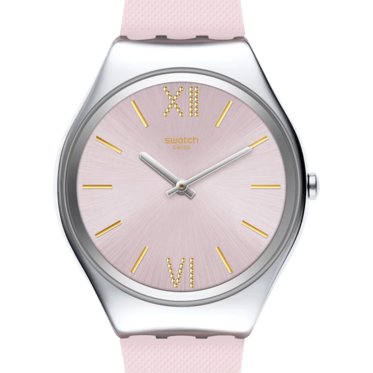 Ladies quartz watch with lavender-pink silicone strap and round pink dial, gold hour markers.