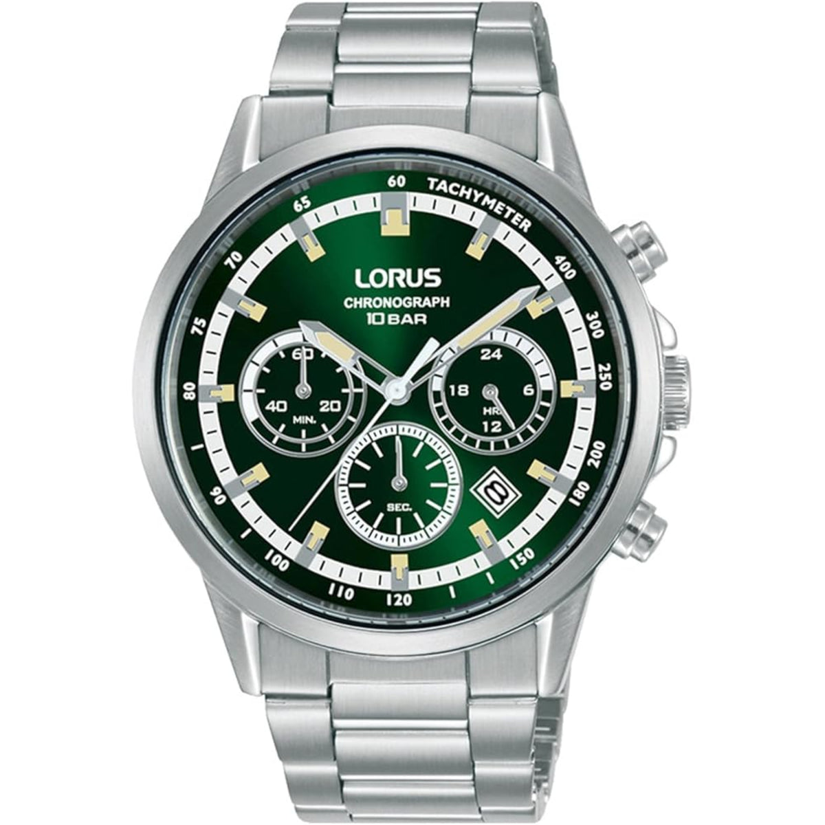 Men's stainless steel chronograph watch, green dial with tachymeter bezel and bracelet