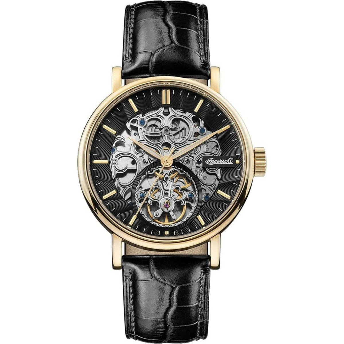 Ingersoll 1892 men's automatic watch with black dial, gold case, black leather strap