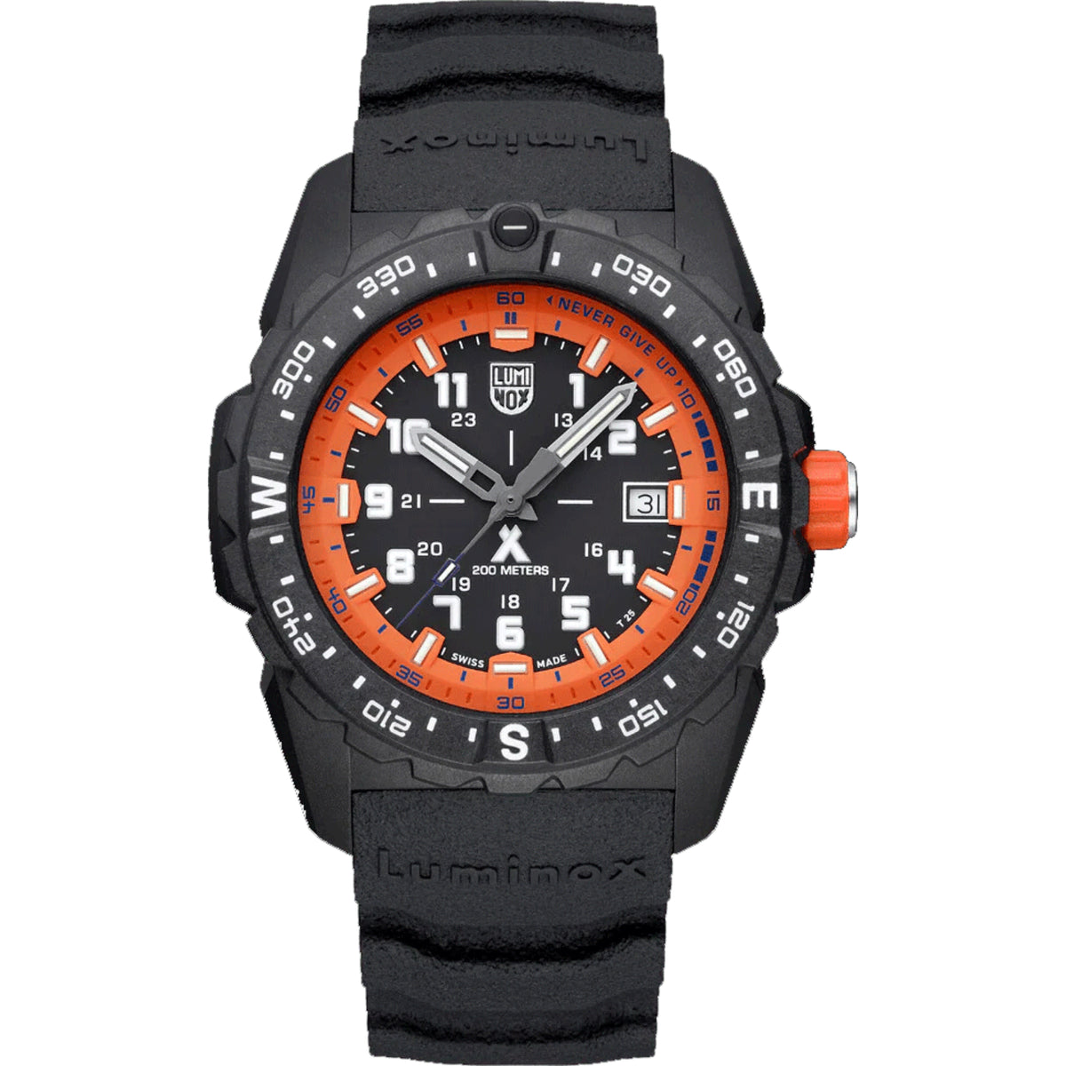 Black rubber men’s quartz dive watch with orange dial and rotating bezel, orange crown.