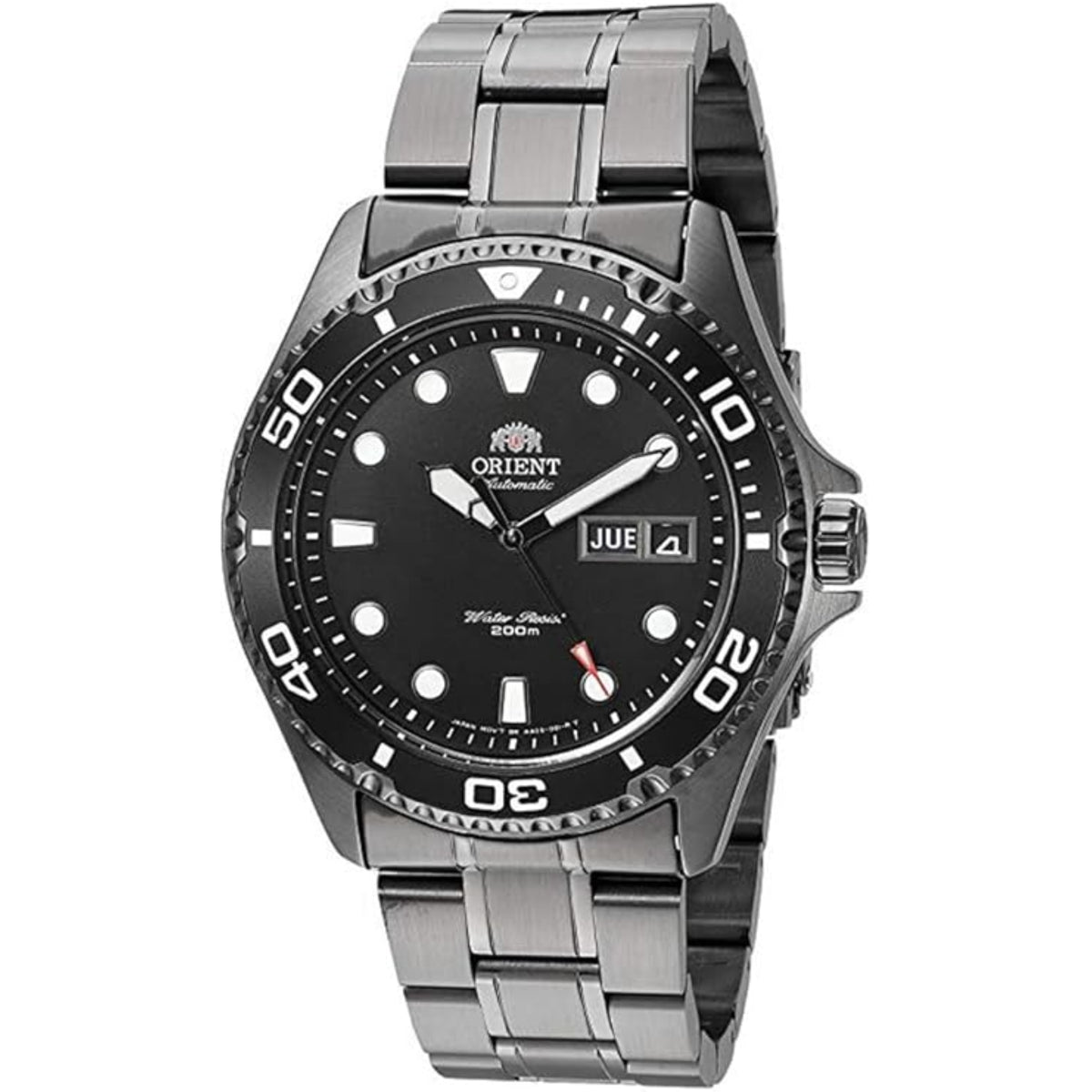 Men's automatic steel watch with black dial, two-tone bezel, and metal bracelet