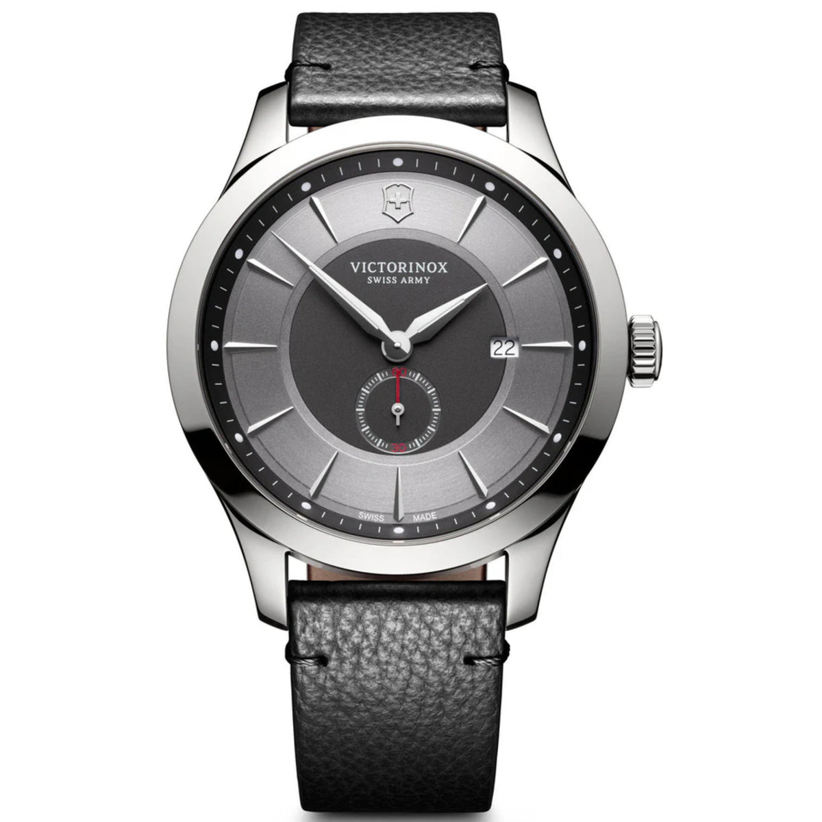 Men's Victorinox quartz watch with black leather strap and grey dial, 44mm round case.