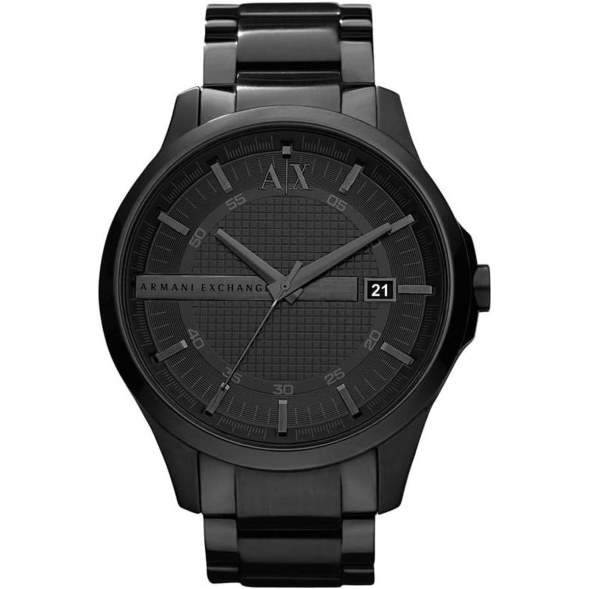 Armani Exchange Hampton AX2104 front view showcasing black dial with matching steel case and bracelet