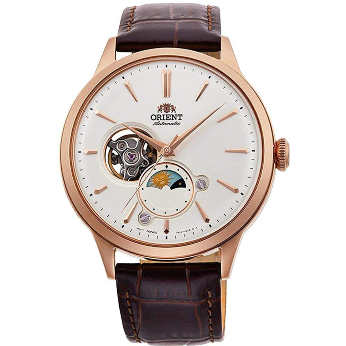 Orient men’s automatic watch, white sun-moon dial, brown leather strap