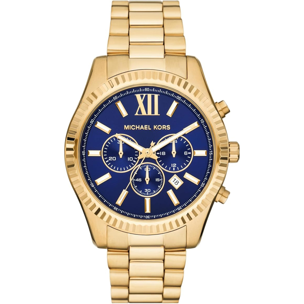 Michael Kors Lexington MK9153 mens watch front view showing a blue dial, fluted bezel, chronograph display, and gold-tone stainless steel bracelet