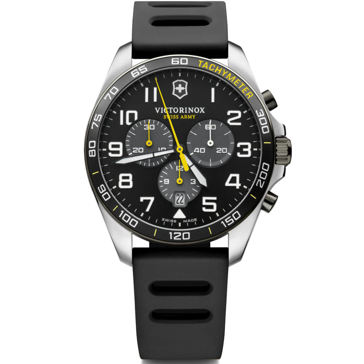 Sport chronograph watch with black dial, tachymeter bezel, yellow accents, black rubber strap.