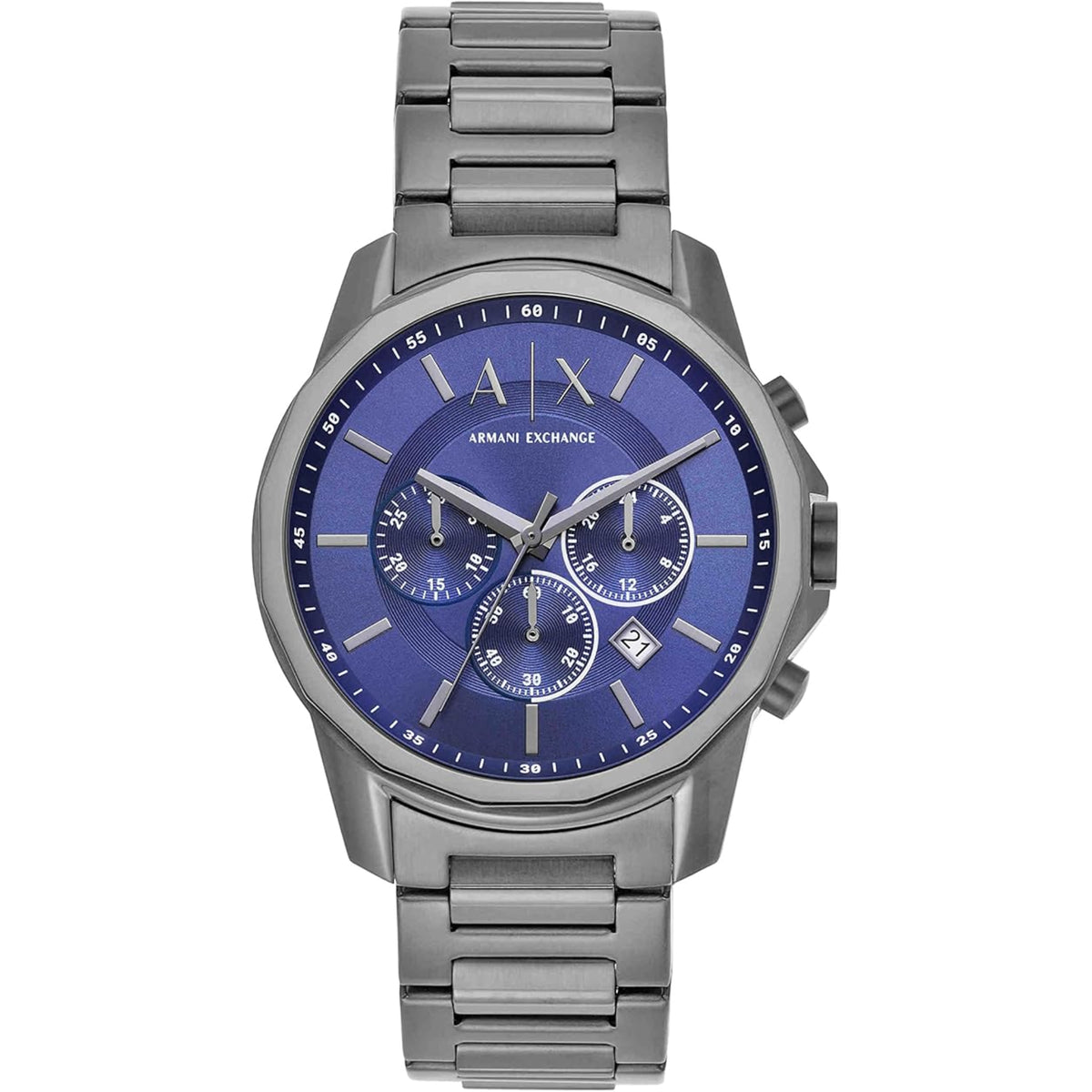Armani Exchange Banks AX1731 front view showing blue chronograph dial with sub-dials and steel bracelet