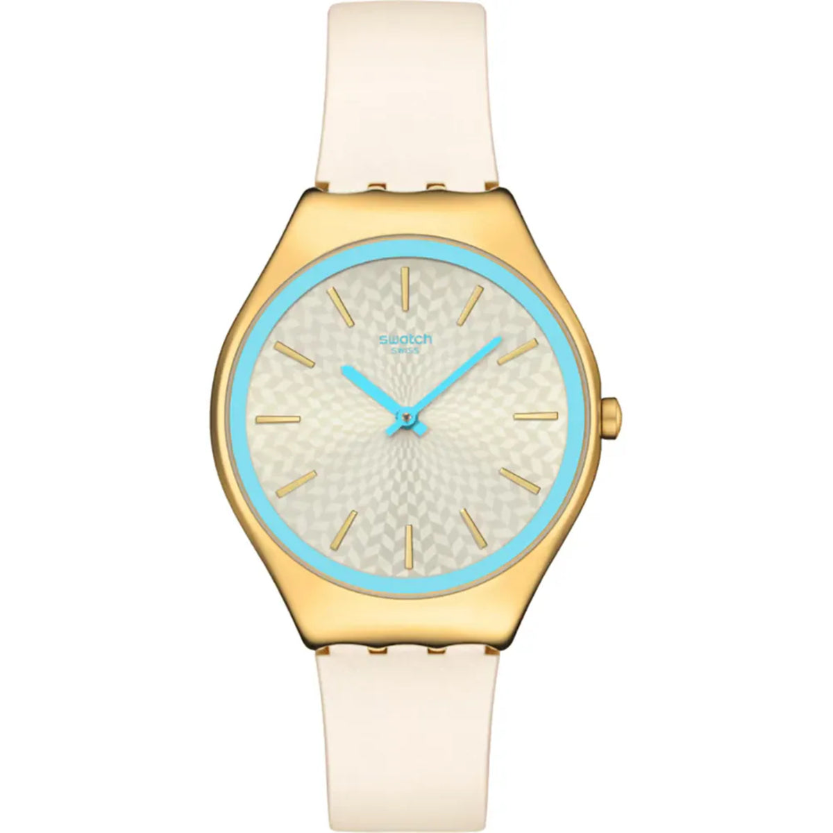 Ivory silicone watch with gold-tone case, blue bezel ring, patterned ivory dial and markers