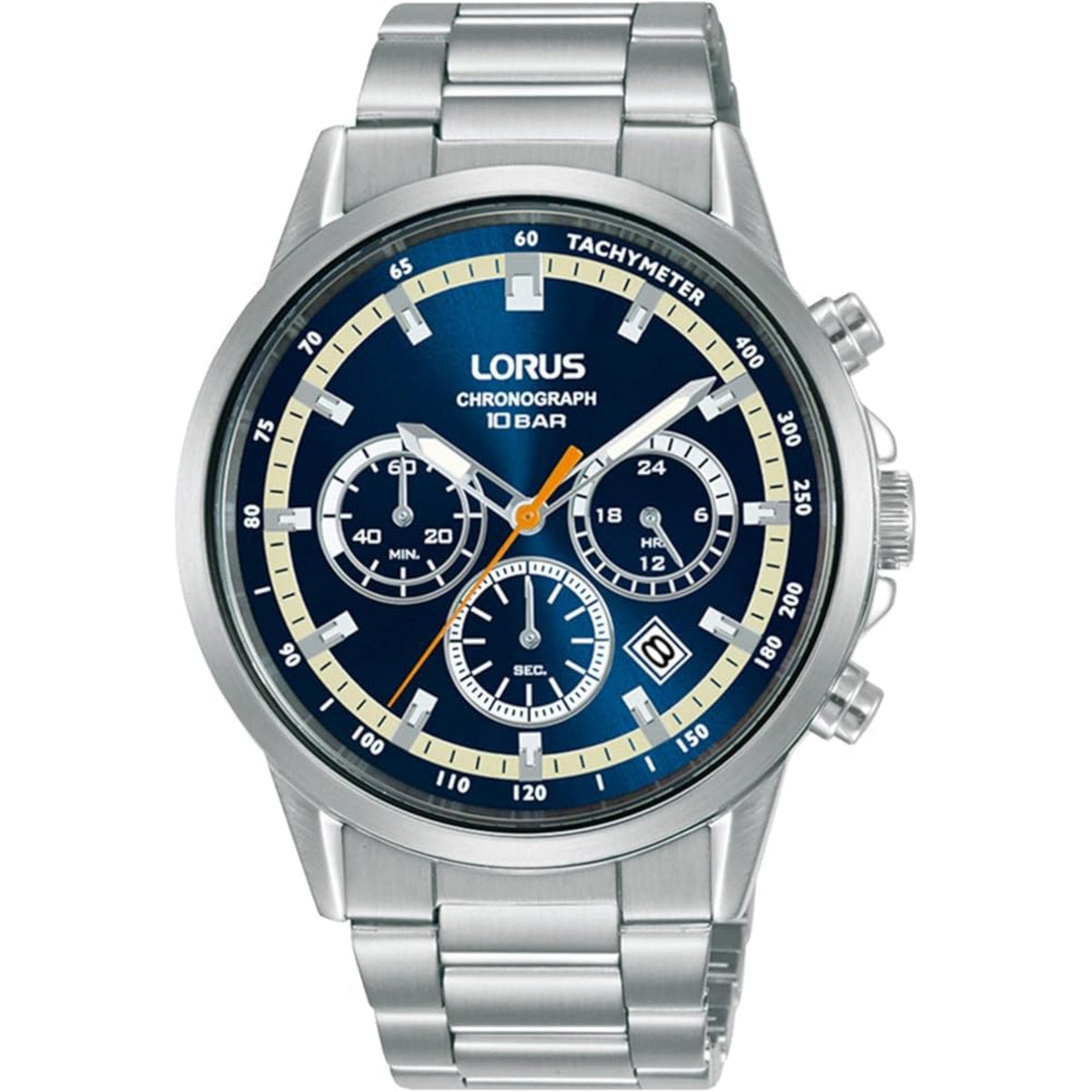 Men's stainless steel chronograph watch, blue dial, tachymeter bezel, metal bracelet