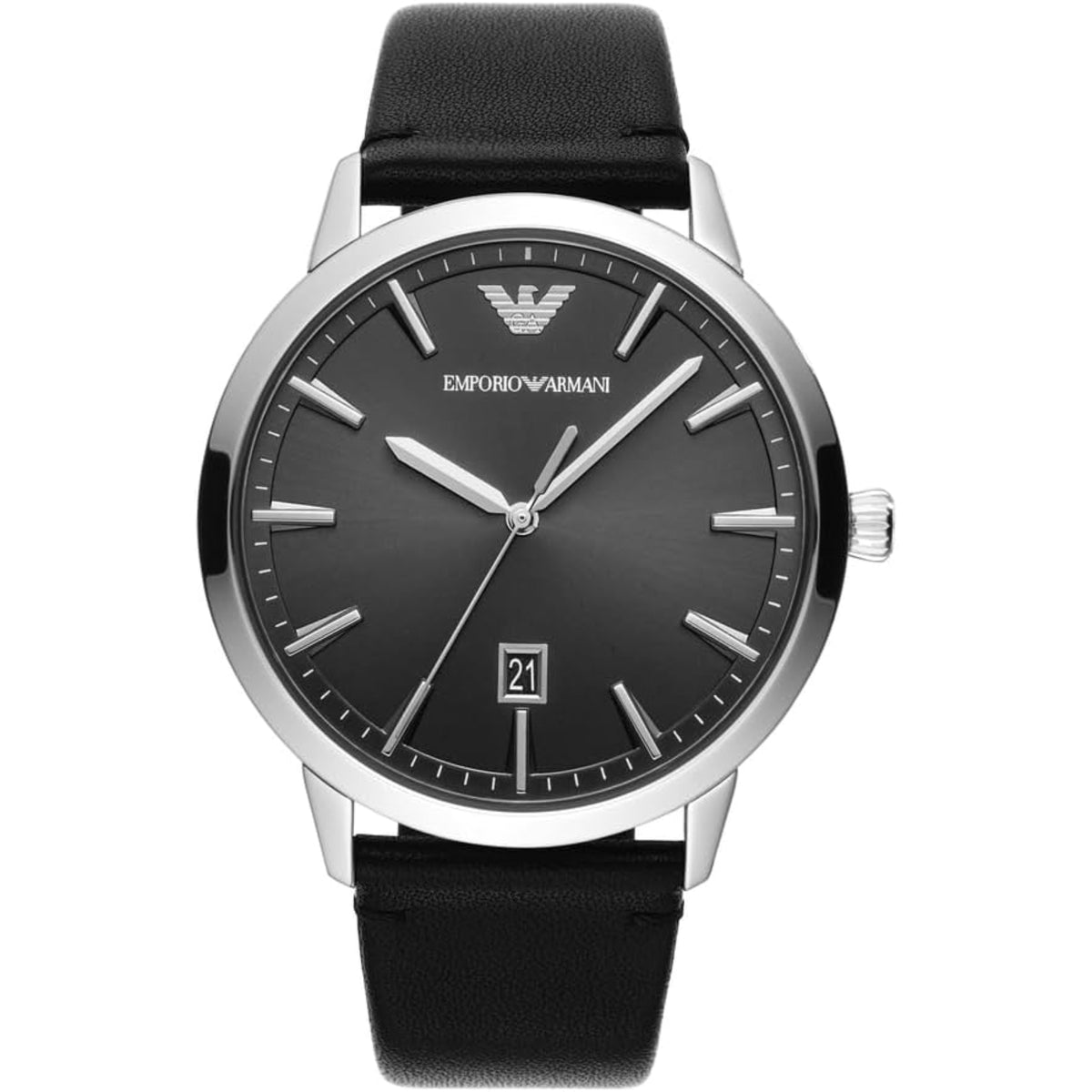 Emporio Armani Ruggero AR11193 mens watch featuring a black dial, stainless steel case, and smooth black leather strap