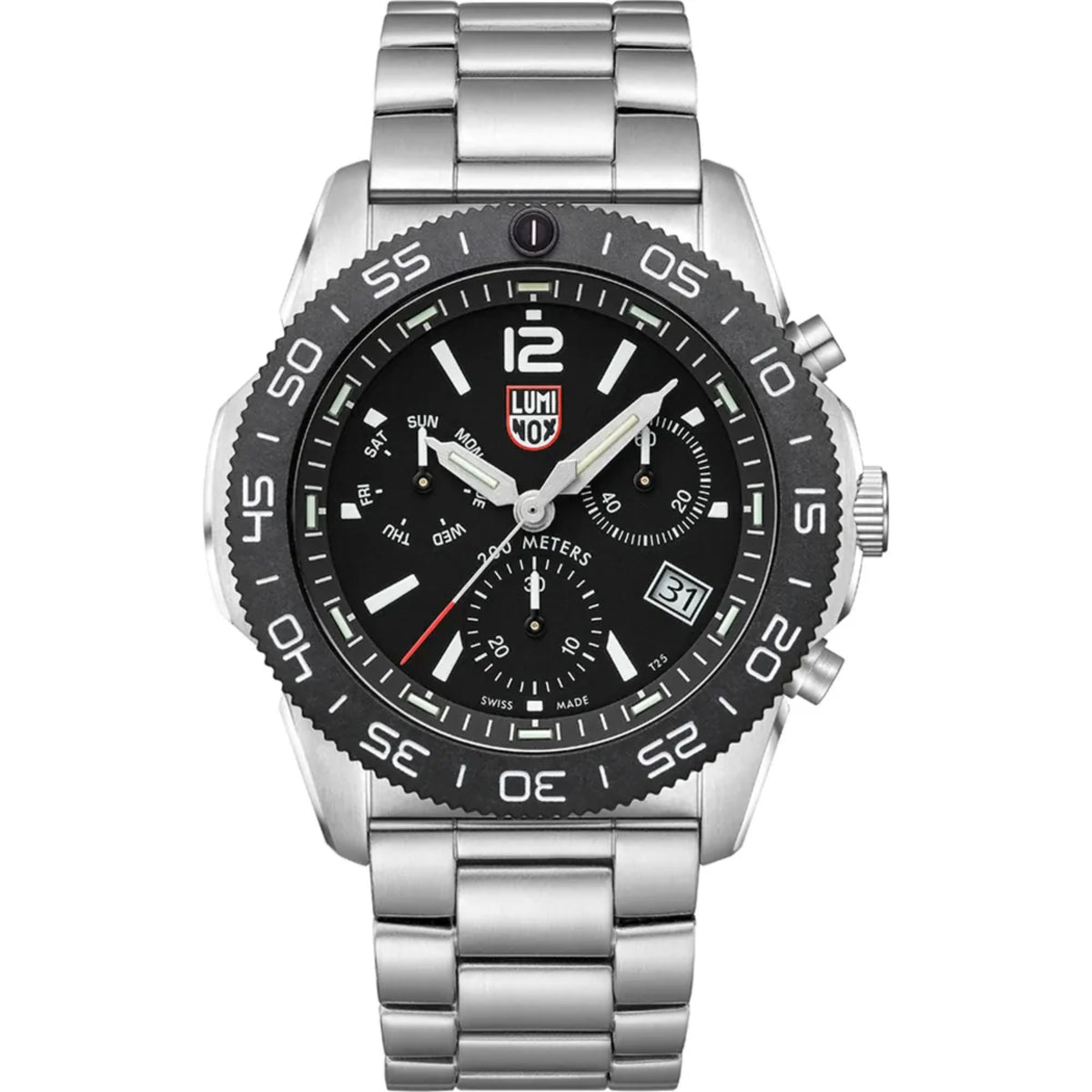 Stainless steel diver chronograph watch with black dial, metal bracelet, subdials and bezel markers