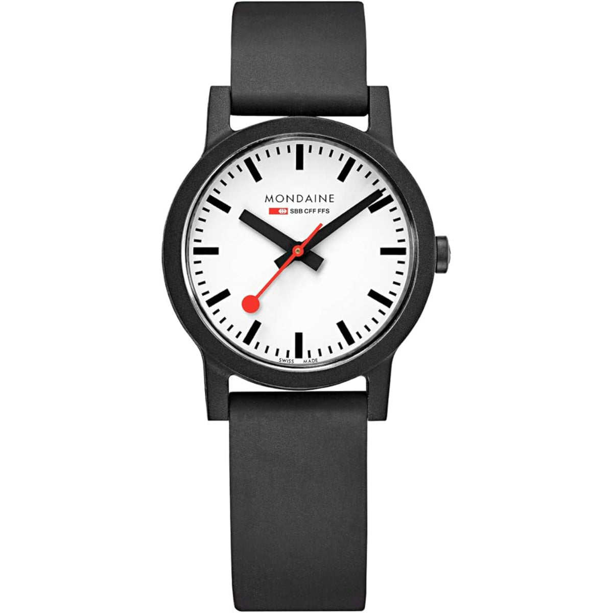 Front view studio shot of Mondaine Essence MS1.32110.RB ladies watch showing a white clock dial with black hour markers and a black rubber strap