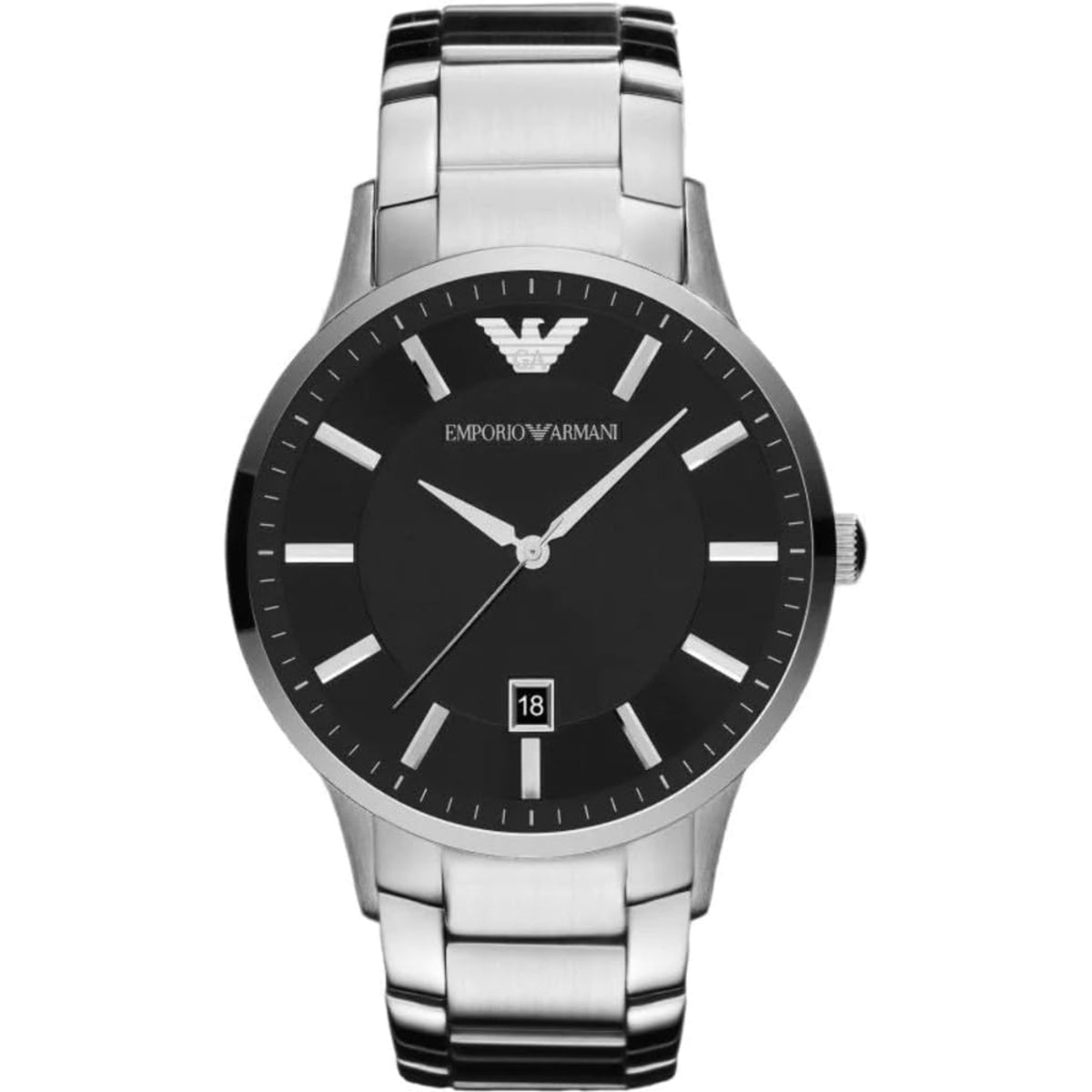 Men's 43mm steel quartz watch with black dial, silver link bracelet, date window