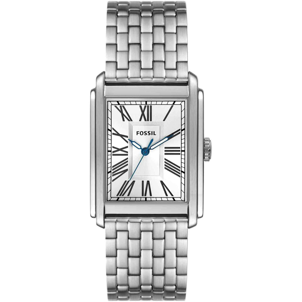 Men's silver steel quartz watch with white dial, Roman numerals, square case