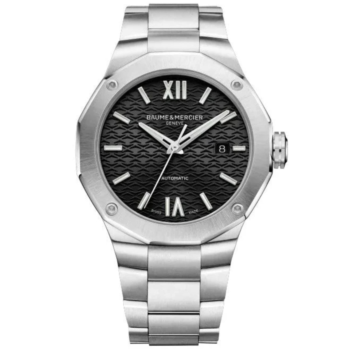 Men's stainless steel bracelet watch with black dial, Roman numerals, date window at 8