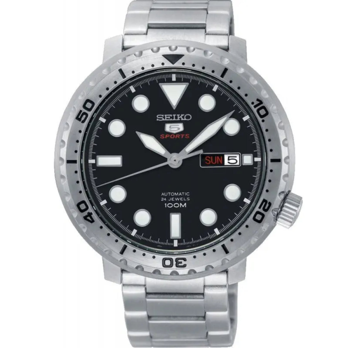 Men's automatic stainless steel watch with black dial, silver bezel and bracelet