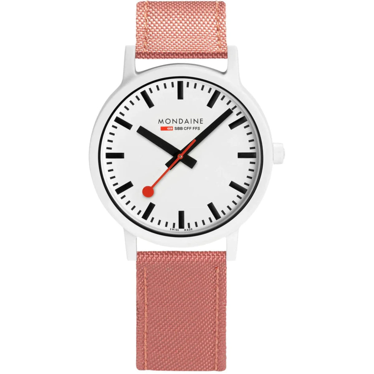 White dial watch with pink textile strap, black numerals, red accents on hands
