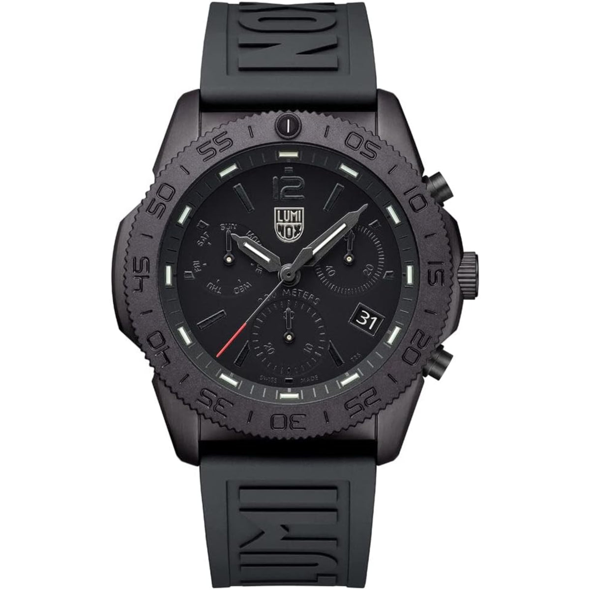 Black rubber chronograph diver watch with luminescent markers and date window at 31
