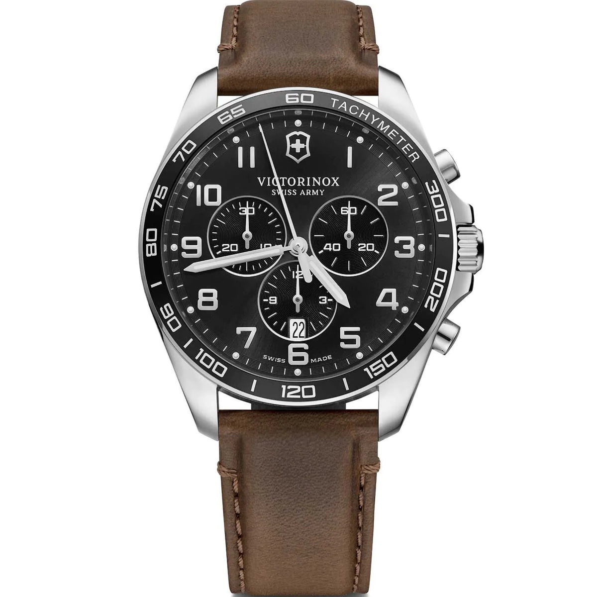 Men's chronograph watch with black dial and brown leather strap, stainless steel case