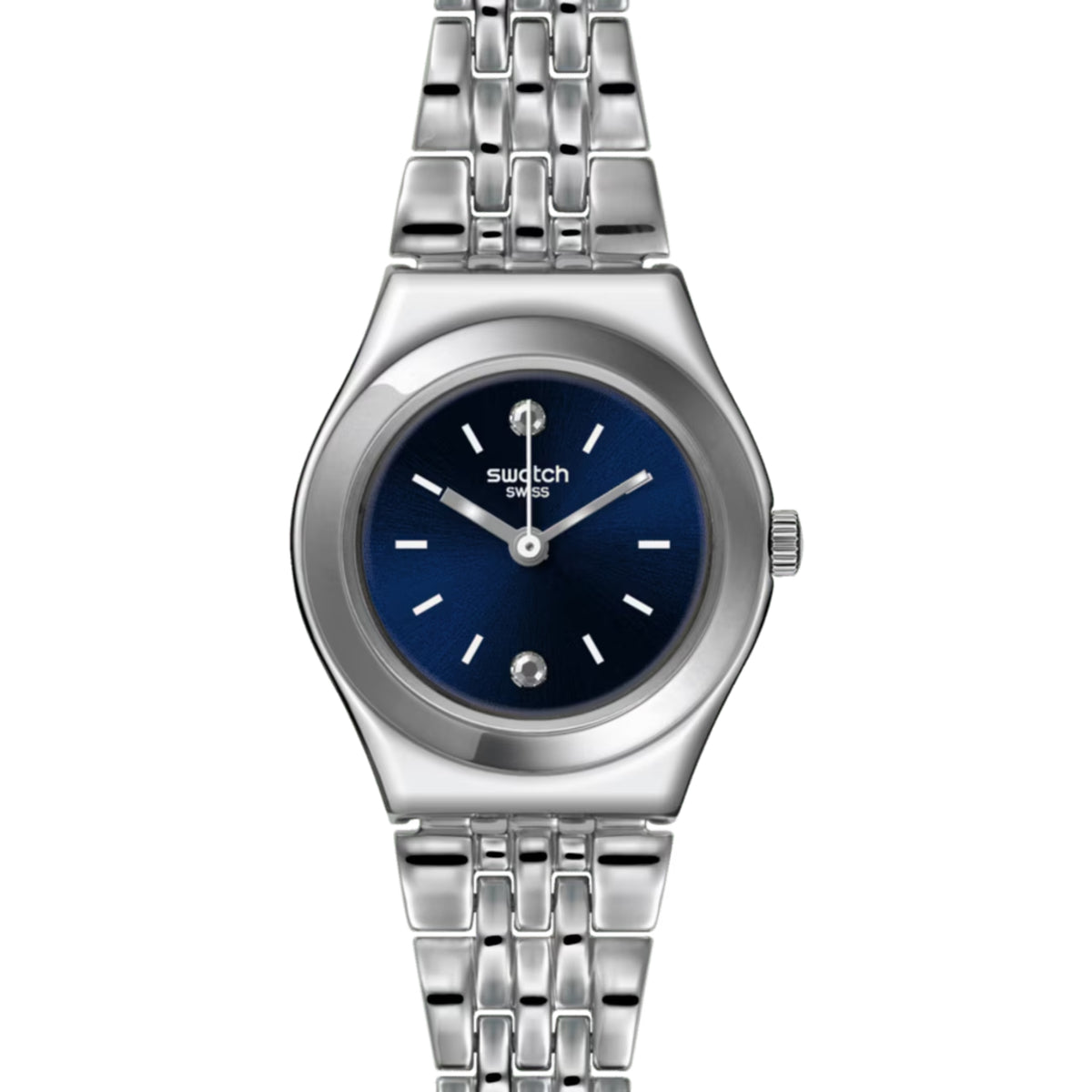 Ladies metal watch with blue dial, silver octagonal case and link bracelet