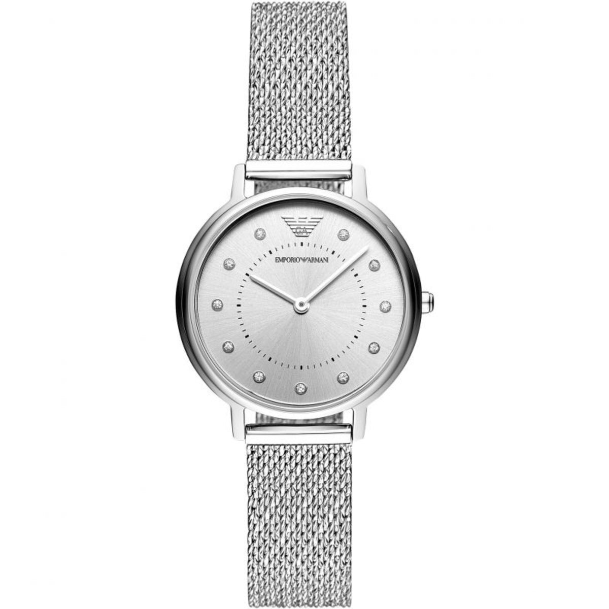 Silver dial ladies quartz watch with round steel case and mesh link bracelet