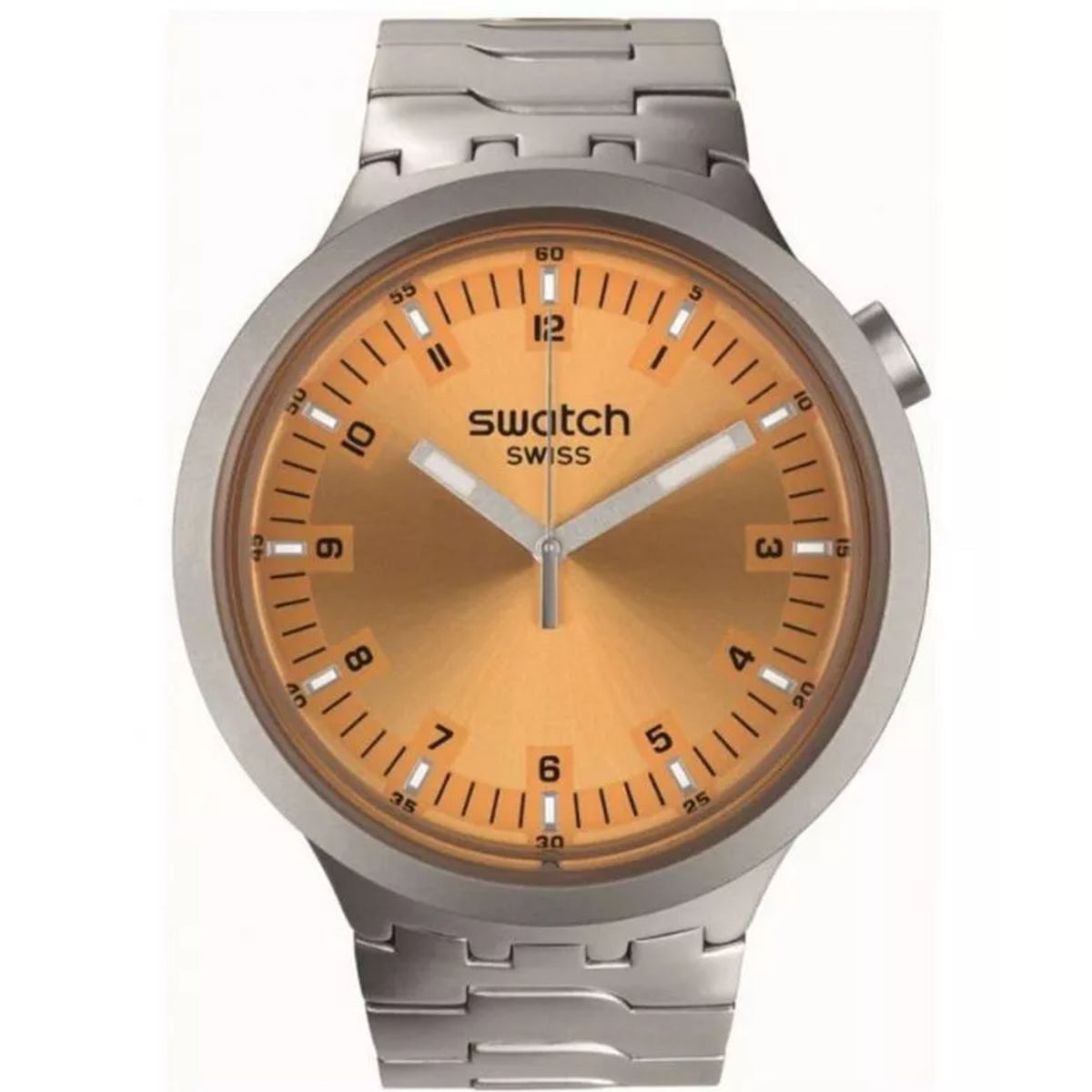 Unisex quartz watch with amber-orange dial, silver stainless steel bracelet and bezel