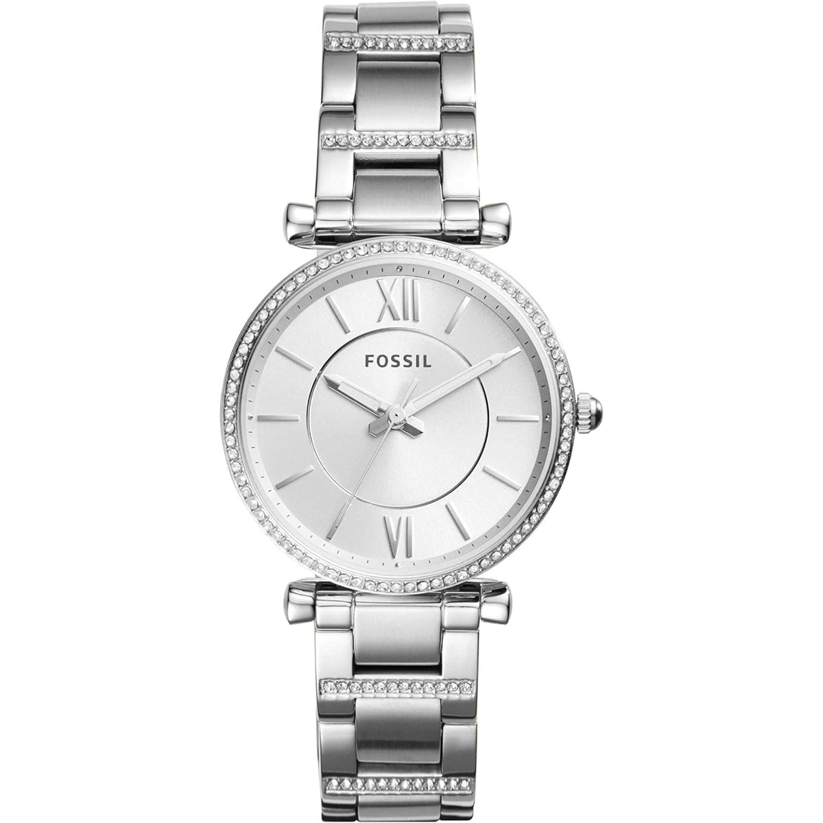 Silver steel ladies quartz watch with rhinestone bezel, white dial, Roman numerals, bracelet