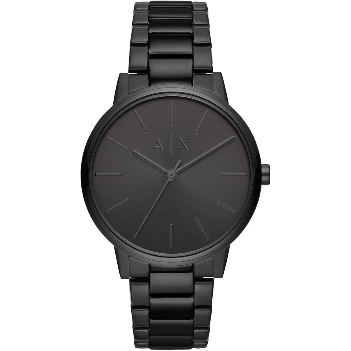 Armani Exchange Cayde AX2701 front view of black dial with steel case and bracelet