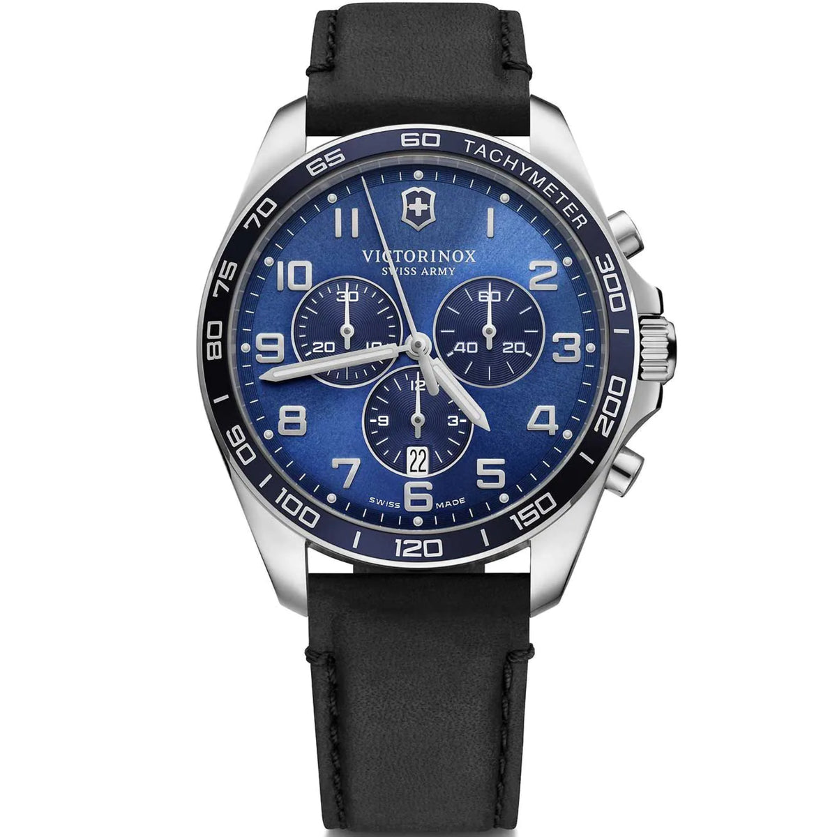 Men's chronograph quartz watch with blue dial and black leather strap, stainless case