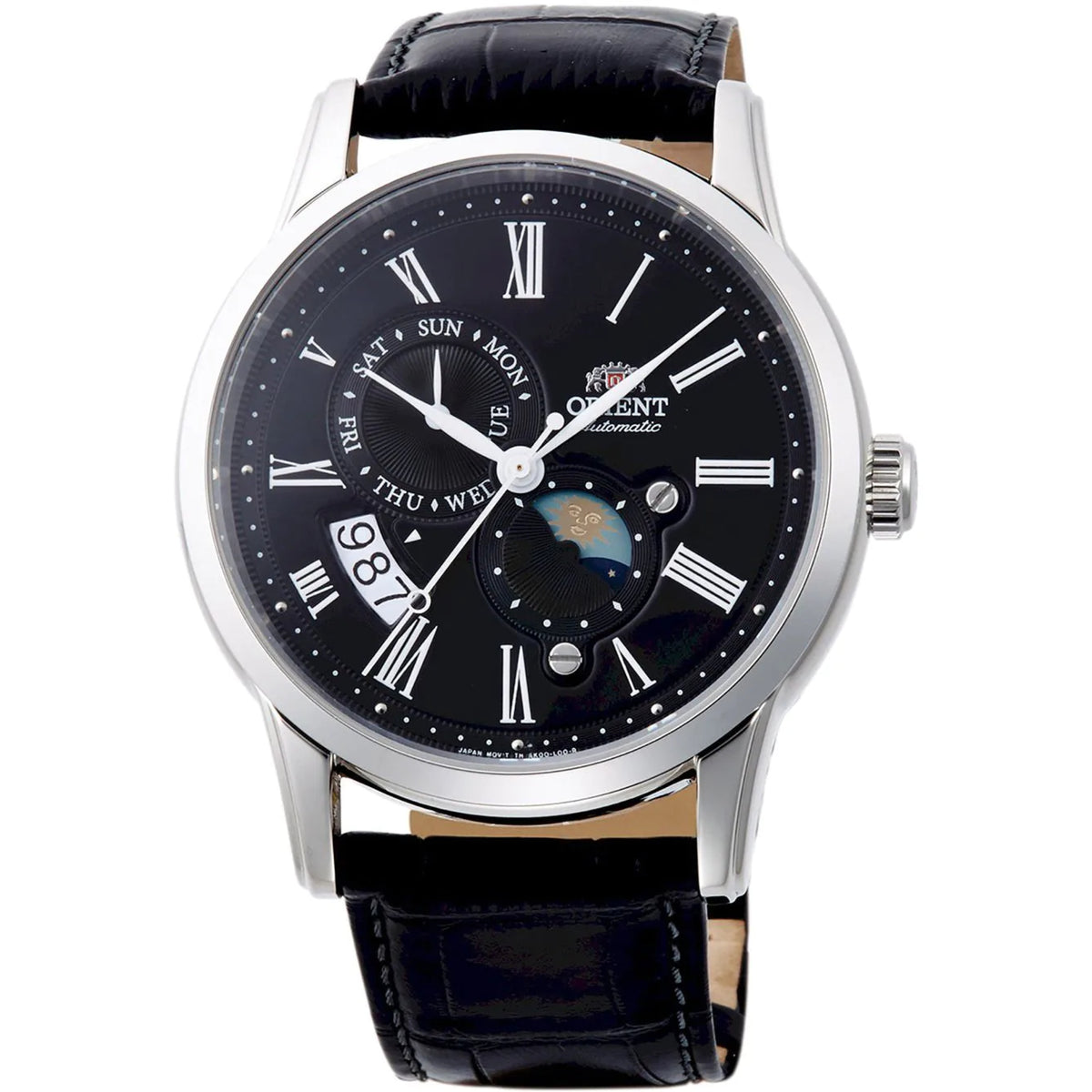 Men's mechanical watch with black dial, Roman numerals, sun-moon subdials, leather strap