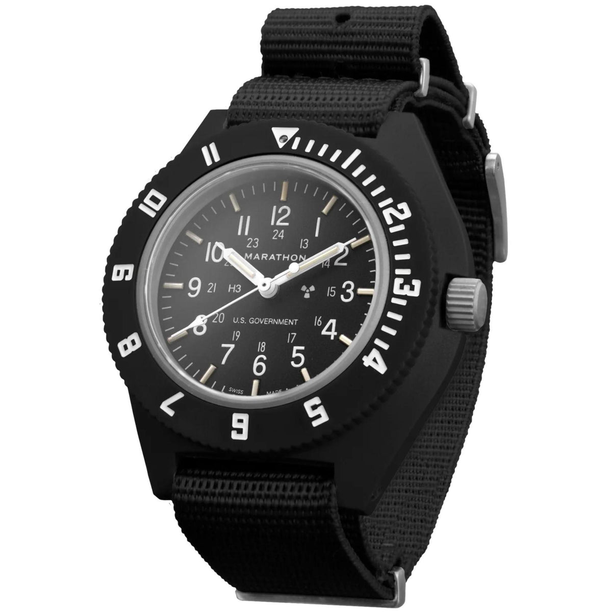 Black men’s quartz navigator wristwatch with black dial, large numerals, and fabric strap