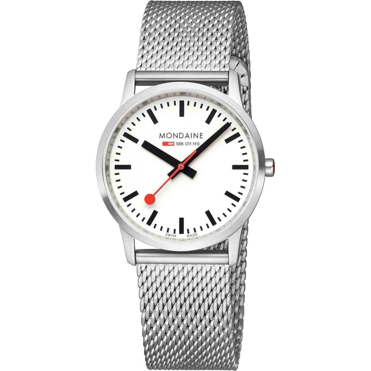 Mondaine Simply Elegant A400.30351.16SBZ Swiss Railways watch with white dial and stainless steel mesh bracelet